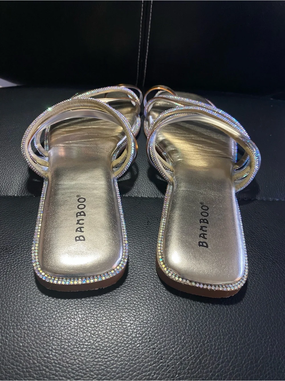 Bamboo Gold Metallic Strappy Slide Sandals with Rhinestones Size 9